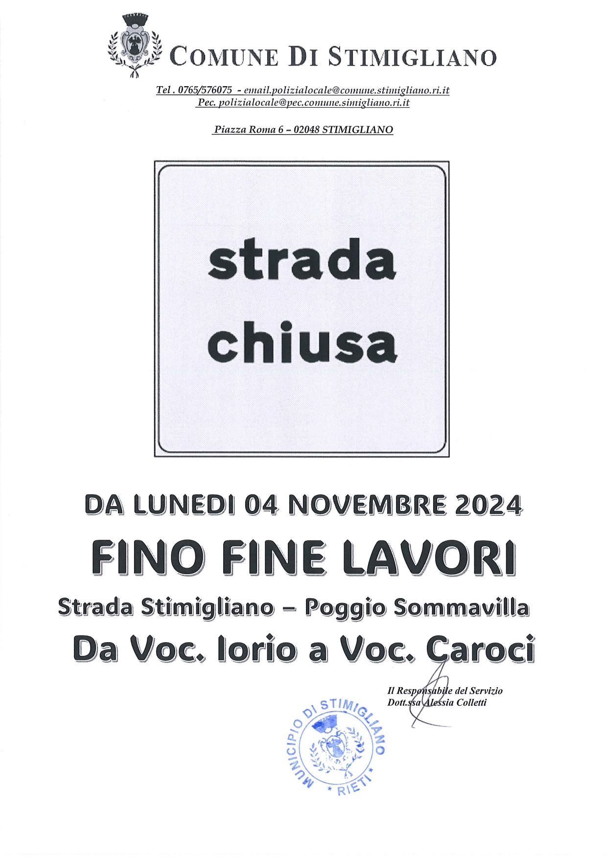 Avviso chiusura viabilità tra Poggio Sommavilla e Stimigliano per lavori